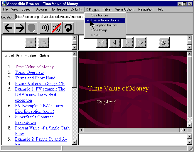 Image shows a pull down menu indicating the number of frames in a
document, the labels associated with each frame, and a check mark to indicate
the current frame