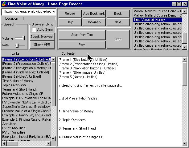 Image shows the example frameset 
with five links for each of the frame elements in
IBM home page reader