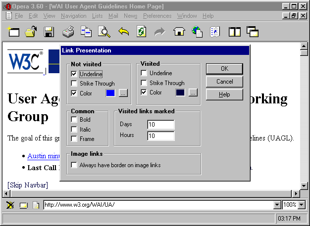 The Opera dialog box for configuring the rendering of links