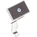 A close-up of a Swing-A-Way Wall Mount Can Opener metal piece with a blue button.