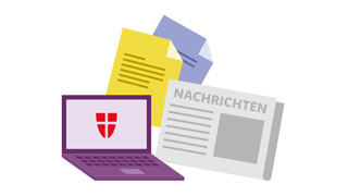 Illustration zeigt Symbole f�r Laptop, Zeitung und Dokumente