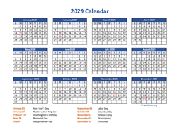 PDF Calendar 2029 with Federal Holidays