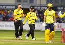 Gloucestershire's Marchant de Lange celebrates taking the wicket of Hampshire's Joe Weatherley during the Vitality Blast T20 match