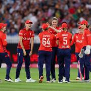 England's Lauren Bell (centre right) celebrates with team-mates after bowling out New Zealand's Isabella Gaze during the fifth T20 International at Lord's, London. Picture date: Wednesday July 17, 2024. PA Photo.