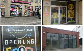 The new shops and businesses opening in Trowbridge (L-R): the Mini Market Express, The Chicken Stop, The Sandwich Hub and Relax Recover.