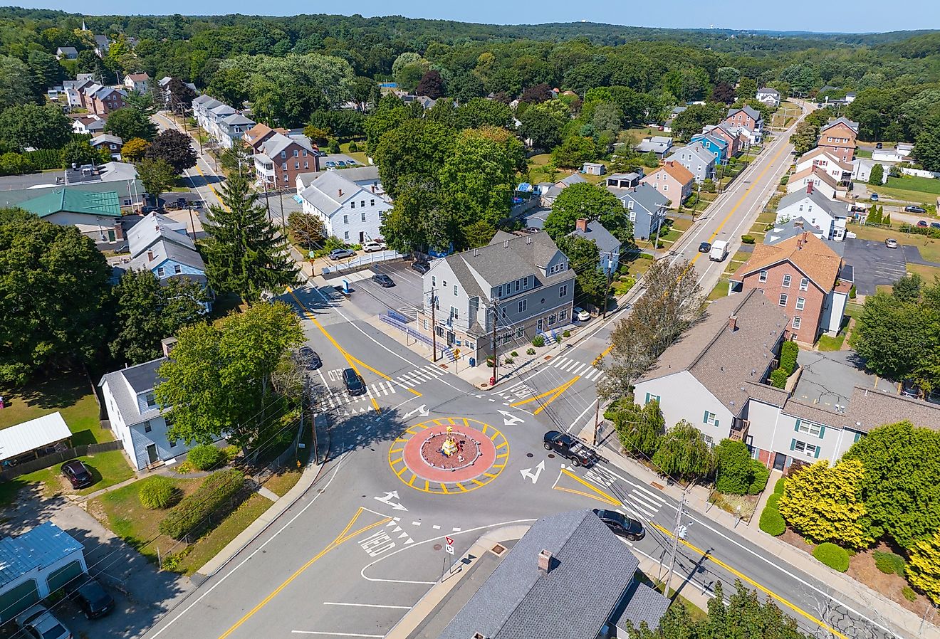 Main Street at School Street in the town of Lincoln, Rhode Island.