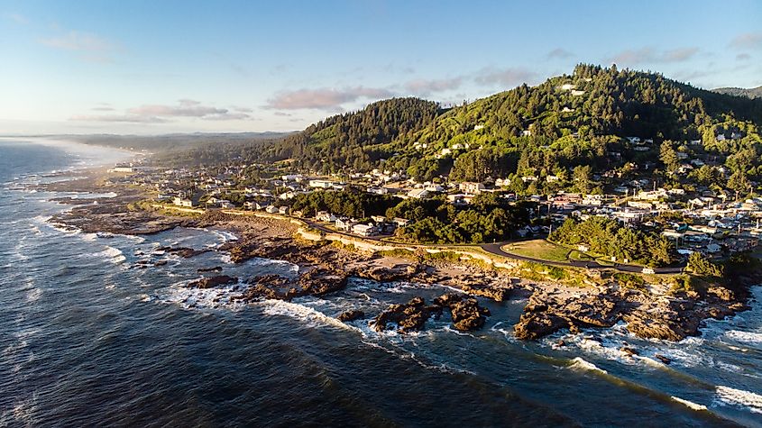 The town of Yachats on the rough Oregon coast in a beautiful sunset scene