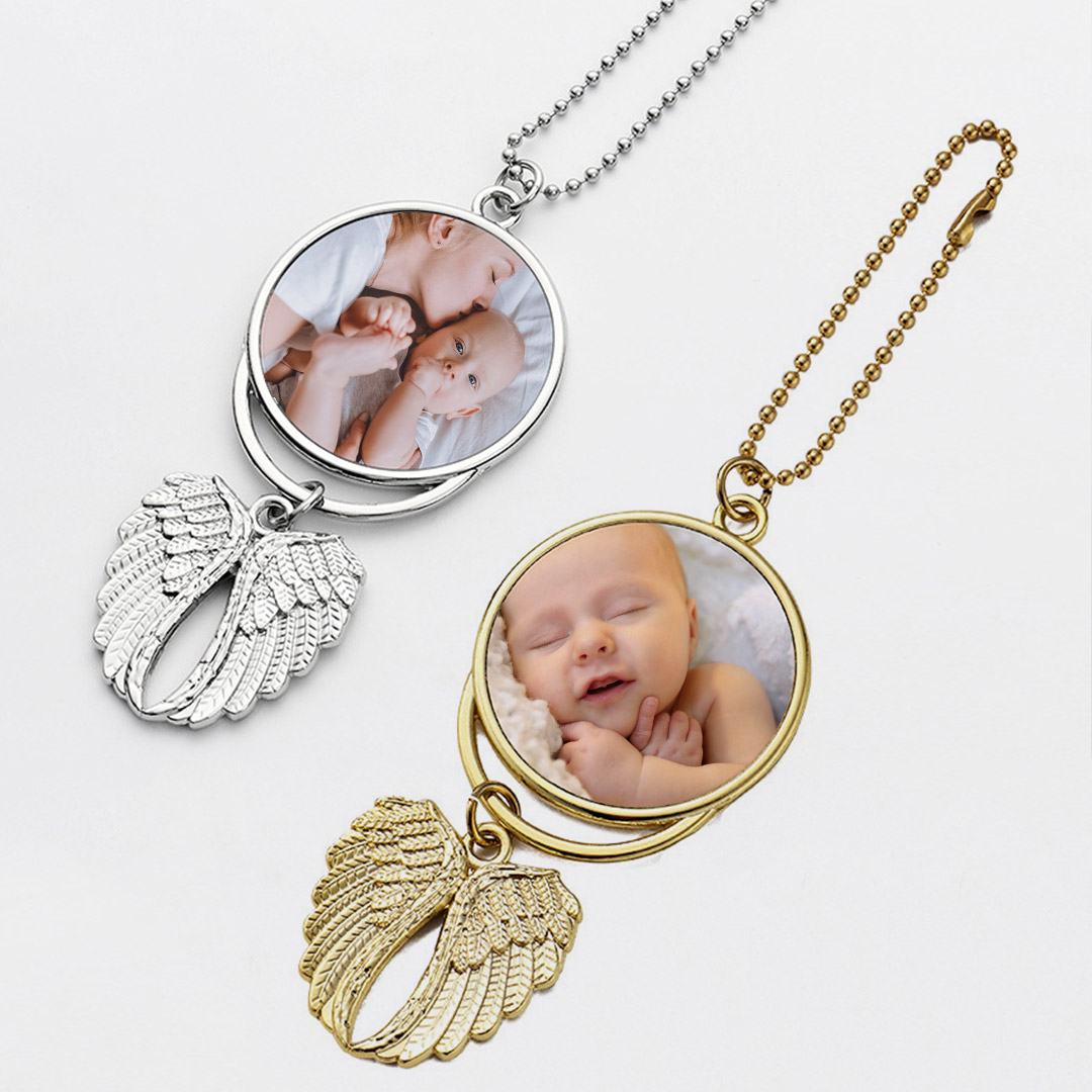 Custom Double Side Picture Engraving Car Hanging Ornament Angel Wing Car Charm