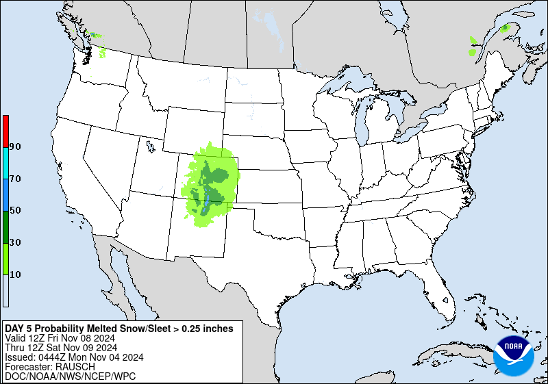 Day 5 probability of at least .25 inch liquid equivalent of snow/sleet.