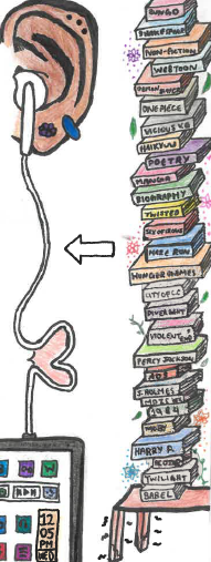 A pile of books with an arrow towards an ereader wire, shaped like a heart, leading to an ear