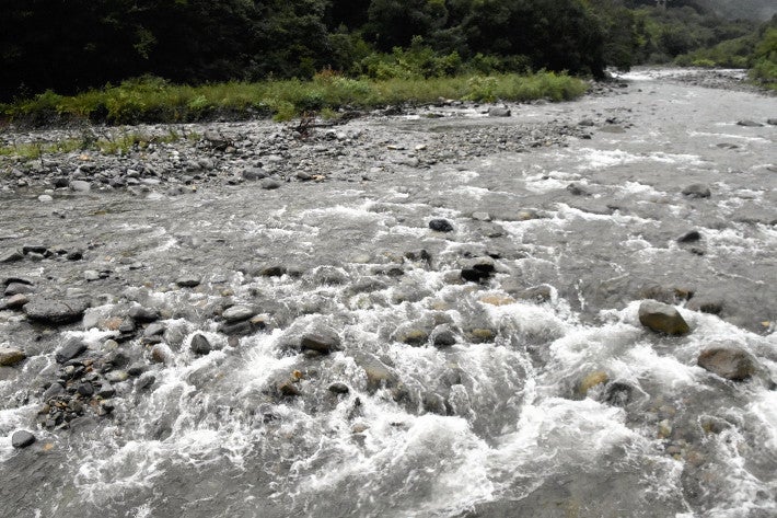 男女３０人が一時、中州に取り残された湯檜曽川（１５日午後５時２５分、群馬県みなかみ町湯檜曽で）