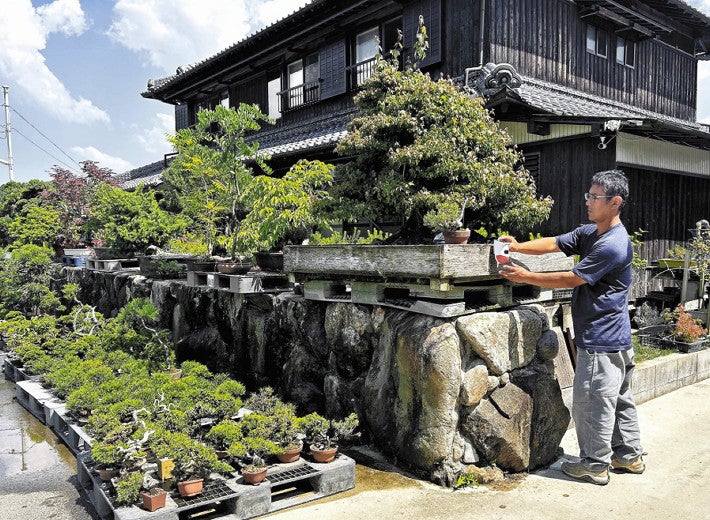 盗難防止のために人感センサーを取りつける武部さん（６月、三重県伊賀市で）