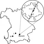 Thumbnail of Location of collection sites. Large map, Bavaria, Germany; circled inset, city of Munich (with the Isar River). Sites in Munich area: A1, 2, 3, English Garden park; B, city park; C, D, E1, 2, riparian and deciduous forest; K, L, W, mixed forest areas outside of Munich.