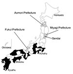 Thumbnail of Distribution of reported Japanese spotted fever cases in Japan (≈2008). Prefectures in which Japanese spotted fever cases were reported up to 2008 are shown in black; Fukui, Aomori, and Miyagi prefectures are shown in gray. The map was drawn by using data on reported infectious diseases in Japan (http://idsc.nih.go.jp/idwr/pdf-j.html).