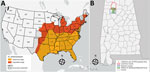 Thumbnail of Distribution of HRTV and range of Amblyomma americanum ticks. A) Geographic distribution of Heartland virus, United States, 2009–2020 (1,2) with historical and expanded range of A. americanum ticks adapted from (4). B) Location of the William B. Bankhead National Forest within Lawrence and Winston Counties, Alabama, and collection site of the HRTV-positive A. americanum nymphs. All maps were created by using ArcGIS Pro 2.5 (ESRI, https://www.esri.com/en-us/home). HRTV, Heartland vir