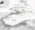 Collection locations for Hyalomma asiaticum ticks and human serum samples used in study of human exposure to Tamdy virus, Xinjiang, China. Usu-S, southern area of Usu City.