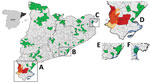 Distribution of areas sampled for detection of antibodies against Crimean-Congo hemorrhagic fever virus (CCHFV) in various species, Catalonia, northeastern Spain. Inset at left shows Catalonia (black) in northeastern Spain. Large map shows distribution of serosurveys throughout Catalonia: A) Ebro Delta; B) Llobregat Delta; C) Aiguamolls de l’Empordà; Enlarged areas represent regions with wetlands (blue shading), which are stopovers for migratory birds from Africa: D) Ebro Delta; E) Llobregat Delta; F) Aiguamolls de l’Empordà. Green shading indicates areas from which all samples were seronegative; red shading indicates >1 sample was seropositive; gray shading indicates area was not sampled; yellow shading/outline indicates location of Ports de Tortosa-Beseit National Park. Additional details are provided on CCHFV hotspots in Ebro Delta (D), which are close to and overlap wetlands and Ports de Tortosa-Beseit Natural Park. Among regions in this area, animals tested (no. positive/no. tested) included the following: D1, Iberian ibexes 10/10, wild boar 4/21; D2, Iberian ibexes 17/17, roe deer 1/1, wild boar 1/3; D3, Iberian ibexes 3/3; D4, Iberian ibexes 8/8, European rabbit 0/2; D5, Iberian ibexes 28/28, European rabbit 0/2; D6, European rabbit 0/6; D7, roe deer 0/1; D8, European rabbit 0/1; and D9, European rabbit 0/1. 