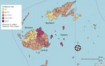 Cumulative incidence (cases/100,000 population) of confirmed and probable invasive meningococcal disease cases in Fiji, by medical subdivision and medical areas, 2016–2018. 