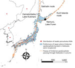 Migratory bird flyways and distribution of Ixodes persulcatus ticks in study of transboundary movement of Yezo virus via ticks on birds, Japan, 2020–2021. Distribution of I. persulcatus ticks (red rhombus), prefectures of Japan where black-faced buntings (Emberiza spodocephala) banded in Hokkaido were recaptured (light blue), and flyway of E. spodocephala passing through Hokkaido during autumn (orange dotted line). Distribution outside Japan is indicated at the country level. Black circle shows Lake Furen, Nemuro City, Hokkaido; white circle shows Lake Kutcharo, Hamatonbetsu Town, Hokkaido.