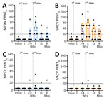 PRNT titers for participants vaccinated with JYNNEOS vaccine up to 6 months prior in a study to assess neutralizing antibody responses to MPXV in smallpox vaccine–naive persons after JYNNEOS vaccination. We used PRNT to test serum samples from donors vaccinated with 2 doses of JYNNEOS vaccine ≈28 days apart. We performed assays with sonicated virus and a 1-hour virus–serum incubation. A) MPXV PRNT50 results; B) VACV PRNT50 results; C) MPXV PRNT90 results; D) VACV PRNT90 results. Participants with no known vaccinia exposure (black circles) are used for mean calculations. Data from a single donor with prior smallpox vaccination (black Xs) are plotted separately and excluded from mean calculations. Each datapoint represents the geometric mean titer of 2 independent experiments, each performed in duplicate. The vertical dotted lines represent the timing of the vaccine doses, and the horizontal dotted lines indicate limits of detection. MPXV, monkeypox virus; prevax, prevaccination; PRNT, plaque reduction neutralization test; PRNT50, 50% plaque reduction as measured by PRNT; PRNT90, 90% plaque reduction as measured by PRNT; VACV, vaccinia virus.