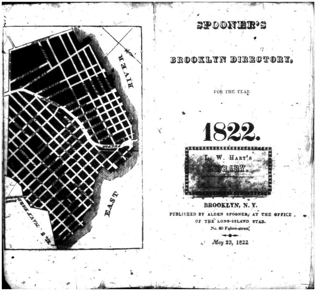 Black and white two-page spread of directory title page including map of Brooklyn.