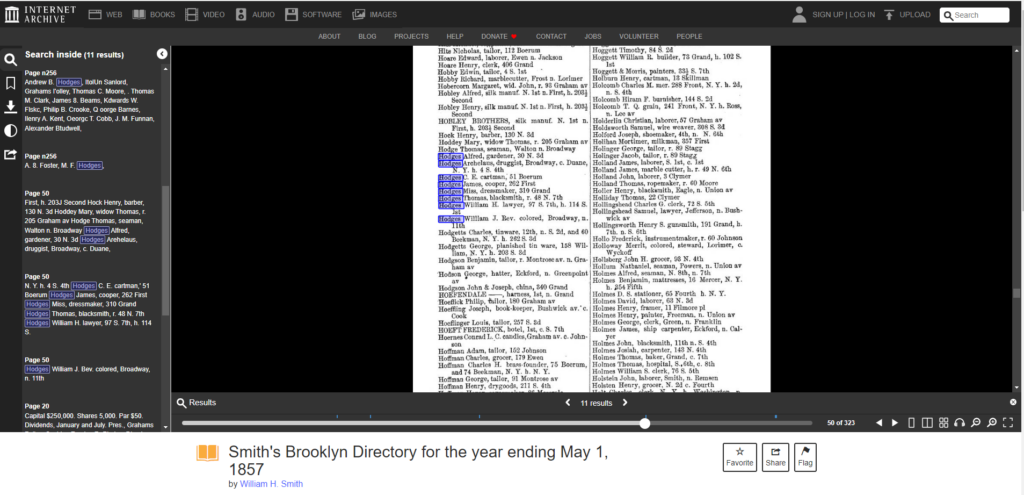 Screenshot of digitized directory page in Internet Archive viewer with the purple highlighted surname “Hodges.”