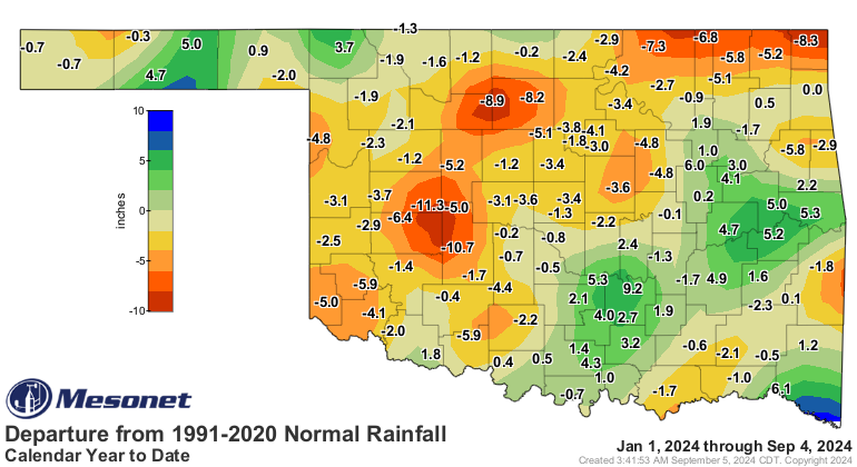 Precipitation Departure from Normal for Oklahoma for the Calendar Year