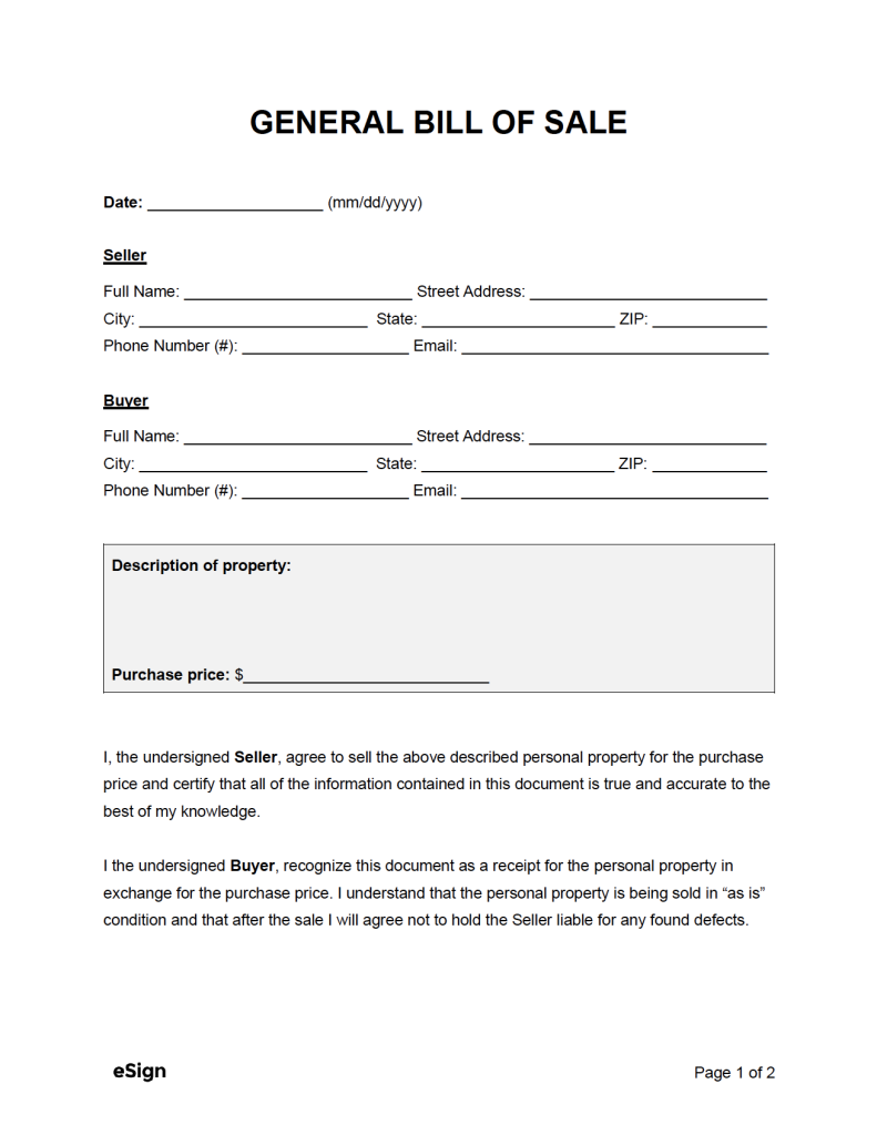 Printable General Bill Of Sale Form