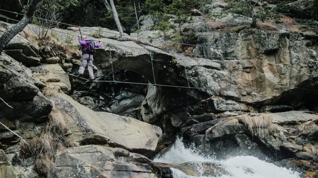 crossing the Stuibenfall waterfall on the via ferrata