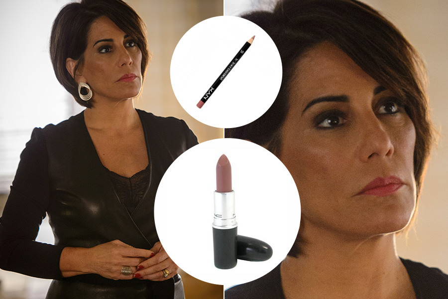 Nos lábios, Glória Pires, no ar e em "Babilônia" como Beatriz, combina o lápis da NYX, cor SPL 810, e o batom Velvet Teddy, da MAC