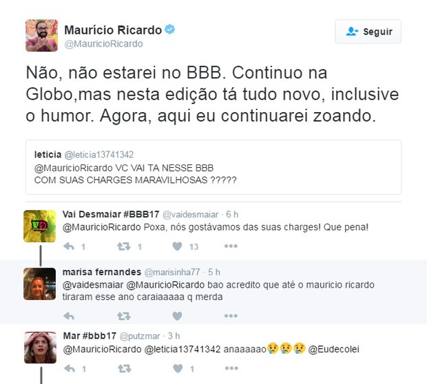 Expectadores lamentam a saída de Maurício Ricardo (Foto: Reprodução / Twitter)