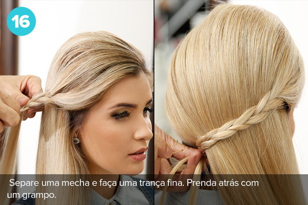 Separe uma mecha na frente e faça uma trança solta. Para finalizar o penteado, prenda parte do cabelo com a trança e grampos (Foto: Marcos Serra Lima/EGO)