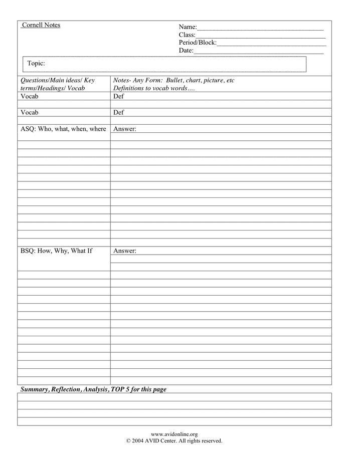 Avid Cornell Notes Template Pdf