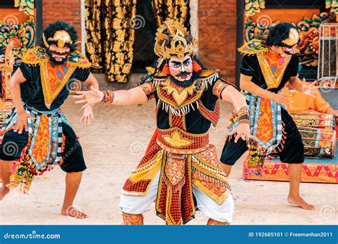 09.01.2020, Bali, Indonesia. Three Men in Theatrical Costumes Dance a Traditional Dance ...