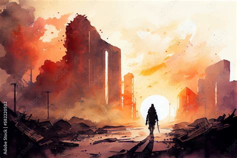 Watercolor Illustration of a Post Apocalypse In Destroyed City, Apocalyptic View Of After World ...