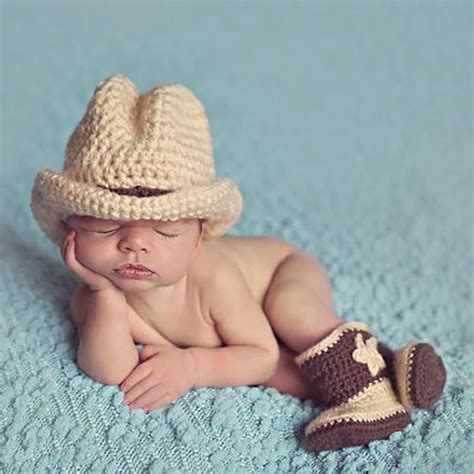 Newborn Photography Props Baby Infant Crochet Knit Cowboy Costume Hat Photo Props Baby Cap ...