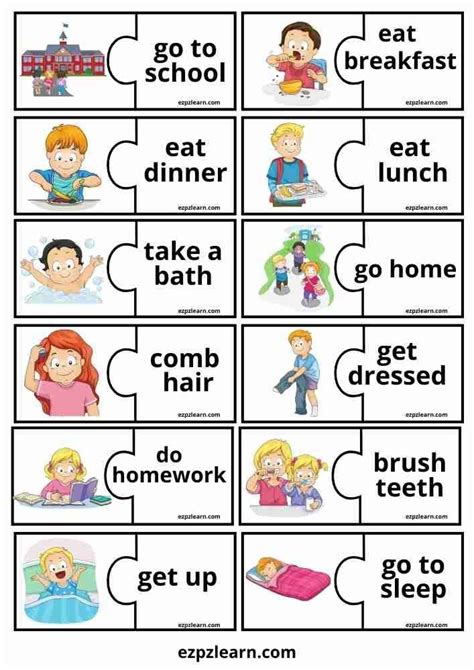 Free Printable Word Match English Vocabulary Game For Kids | Daily Routine Word Match Game