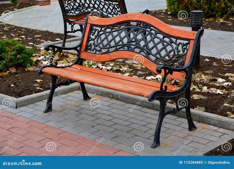 Wooden Benches with Metal Back in Park Stock Image - Image of nopeople, early: 115284885