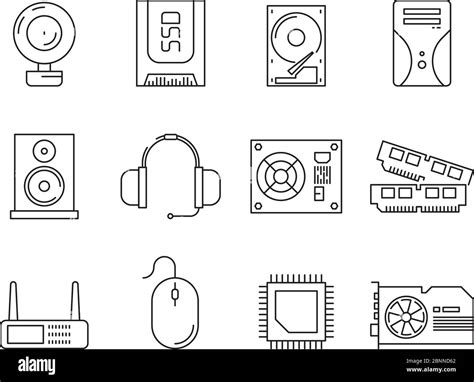 Hardware pc components. Symbols of computer items processor server ssd or hdd memory ram vector ...