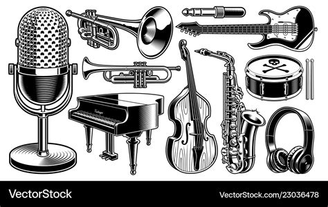 Set black and white musical instruments Royalty Free Vector