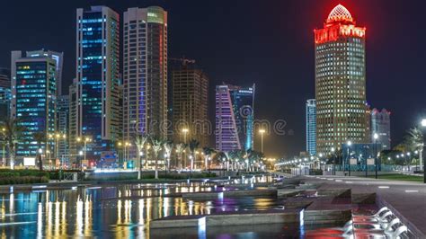 The Skyline of Doha by Night with Starry Sky Seen from Park Timelapse, Qatar Editorial Stock ...