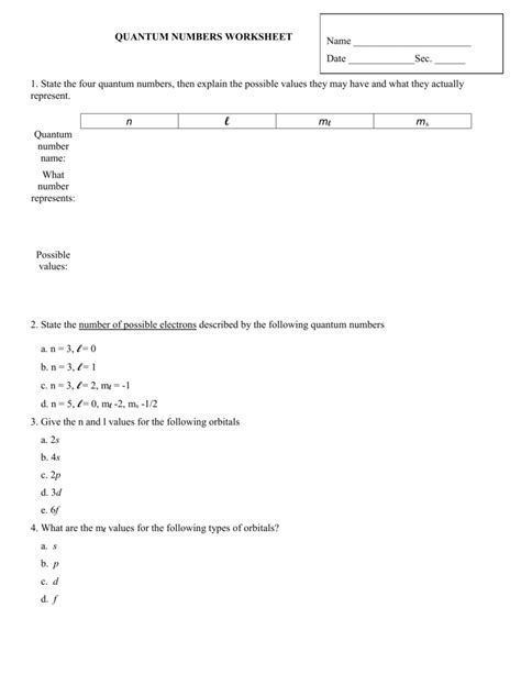 Quantum Numbers Worksheet Answers – E Street Light