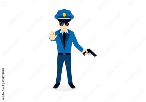 Cartoon character cop with a gun. Vector illustration of a policeman. Police officer on a white ...