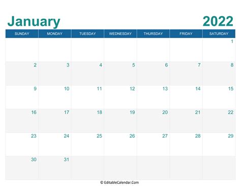 Download Printable Monthly Calendar January 2022 (Word Version)