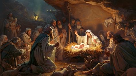 Painting Of Nativity Scene With Jesus And Seven People Background, Picture Of Birth Of Christ ...