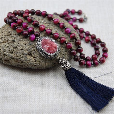 Pink Druzy Gemstone, Tiger Eye Gemstone, Pink Tigereye Jewelry, Silk Tassel, Artisan Unique ...