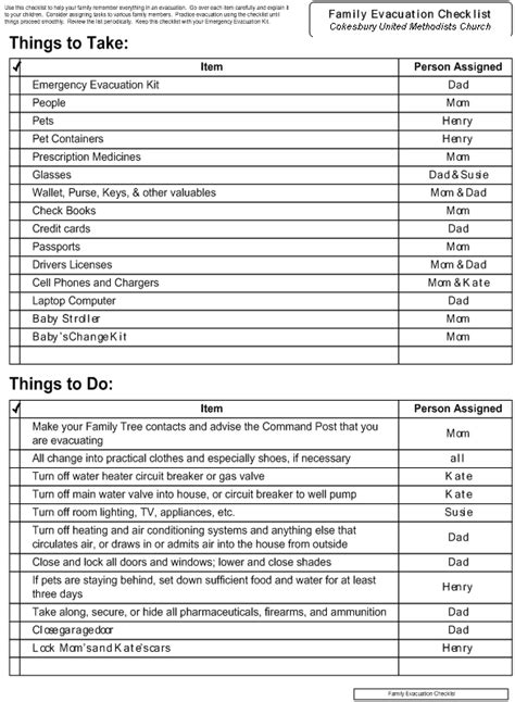 Printable Evacuation Checklist