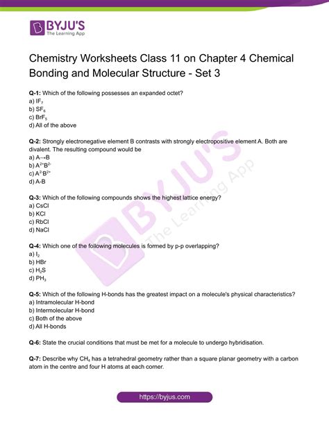 Class 11 Chemistry Worksheet on Chapter 4 Chemical Bonding and Molecular Structure - Set 3