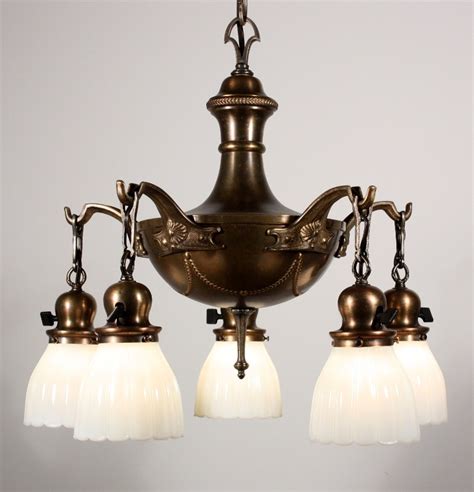 Wonderful Antique Five-Light Brass Chandelier with Original Glass Shades, Early 1900â€™s NC983 ...