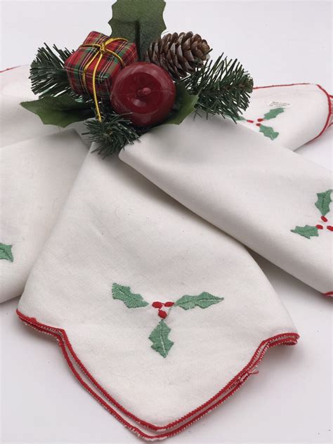 Christmas Cloth Napkins, 6 Vintage Holly cloth napkins red edging, Holiday Napkins, Hostess gift ...